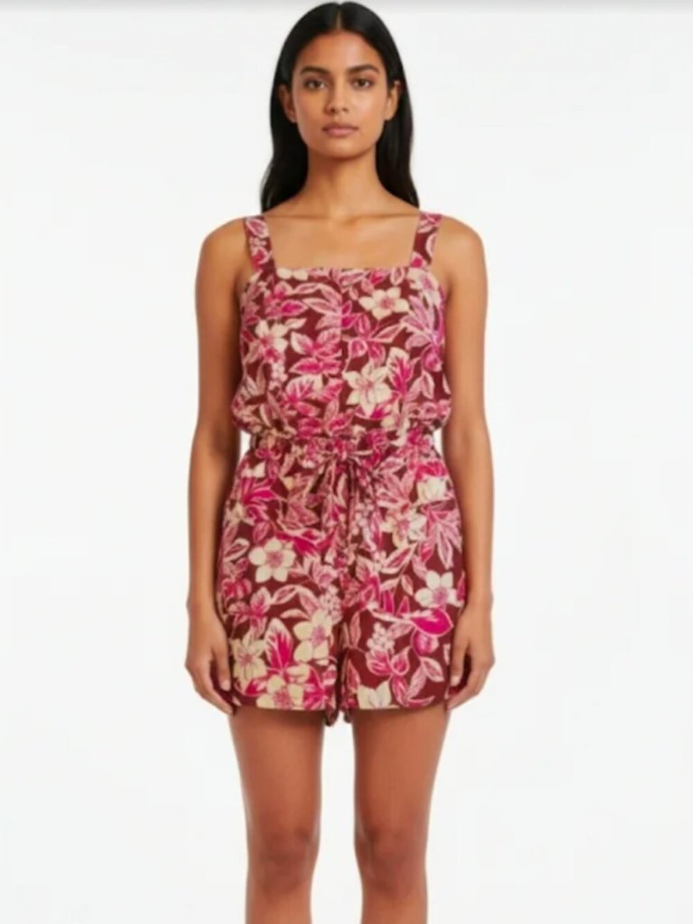 Anthropologie Belle Vere Linen Blend Floral Tie Belted Romper Pink Pockets, sz 2